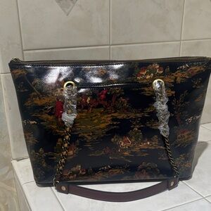 Patricia Nash Belle Leather Tote in Kent Countryside Print of Navy, Red & Tan